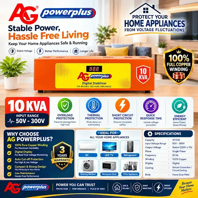 AG Power Plus 10kVA Full Copper Mainline Voltage Stabilizer (50v-300v)   Net weight 38KG